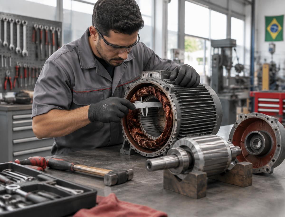 Técnico avaliando um motor industrial
